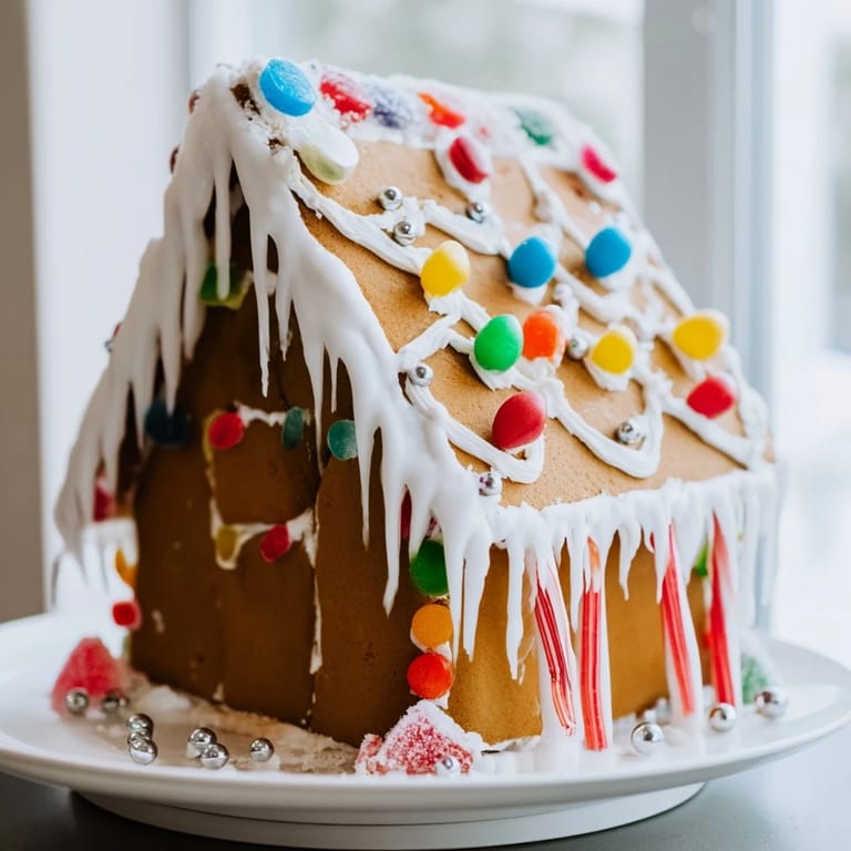 Delicious gingerbread house with colorful candies and frosting, perfect for your dessert table.