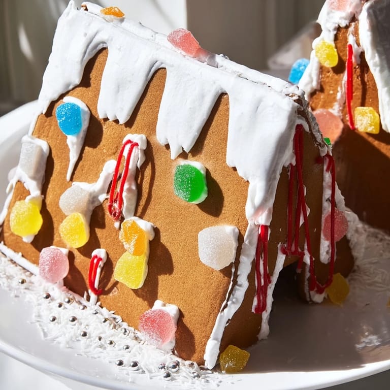 Close up shot of a homemade gingerbread house, inviting you to decorate with fun treats.