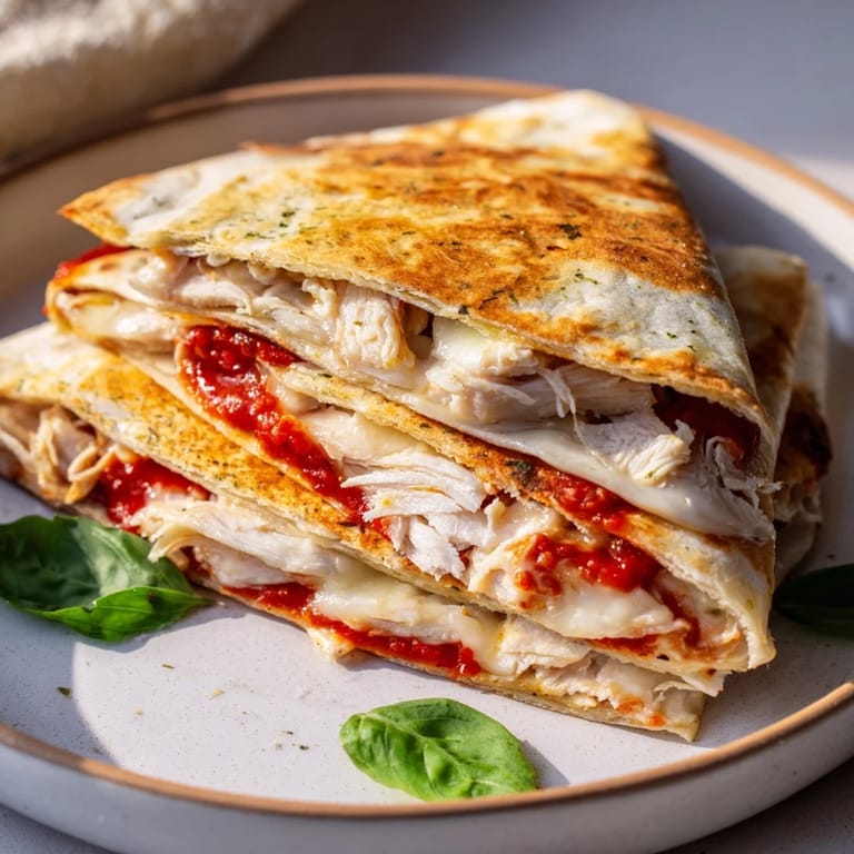Enjoy a quick, savory bite: Homemade Tortilla Pizza Wrap with Chicken, beautifully toasted and ready to eat.