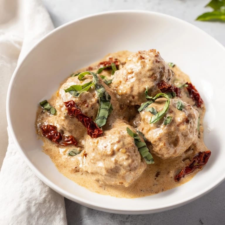 A close-up of tender, flavorful Marry Me Chicken Meatballs, garnished with fresh basil, steaming gently.