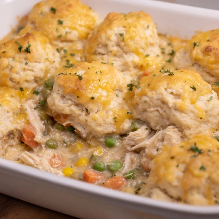 Close-up of a bubbling Chicken Cobbler, topped with buttery Red Lobster biscuit mix crust.