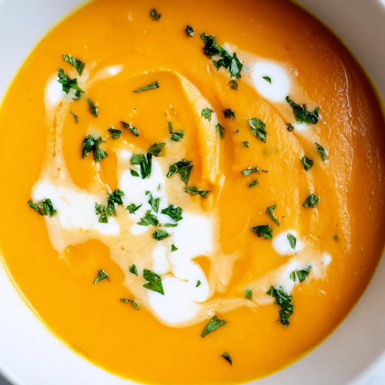 A warm bowl of Sweet Maple Carrot Soup with a delicate sweet-and-savory flavor profile.