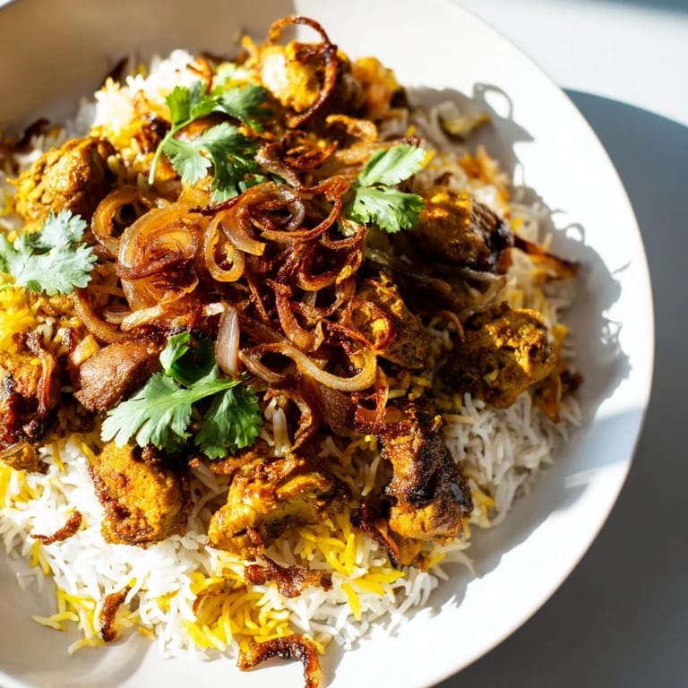 Aromatic, golden Easy Chicken Biryani showcasing fluffy basmati rice, garnished with fresh cilantro and lemon.