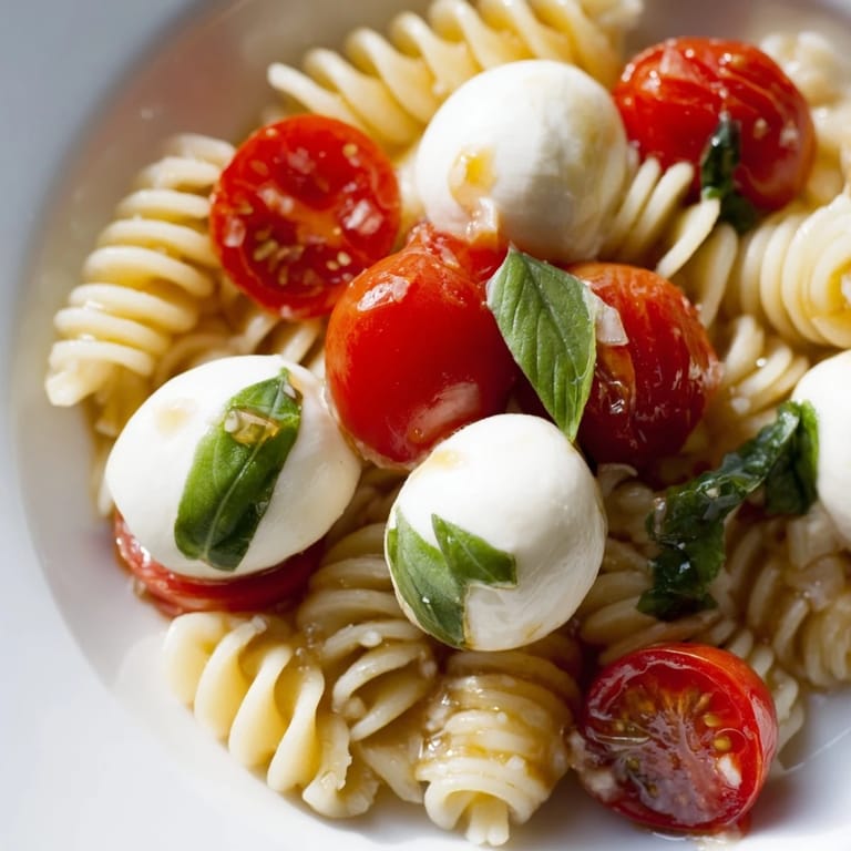 This chilled Caprese Pasta Salad features perfectly cooked pasta, flavorful dressing, and fresh ingredients.