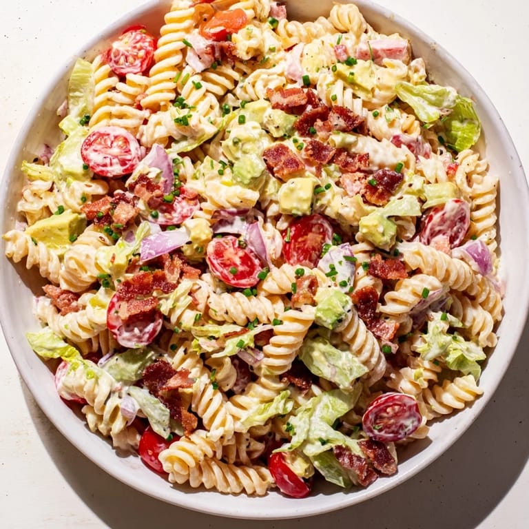 Imagine the vibrant colors of this BLT Pasta Salad with crisp lettuce and tender pasta ready.