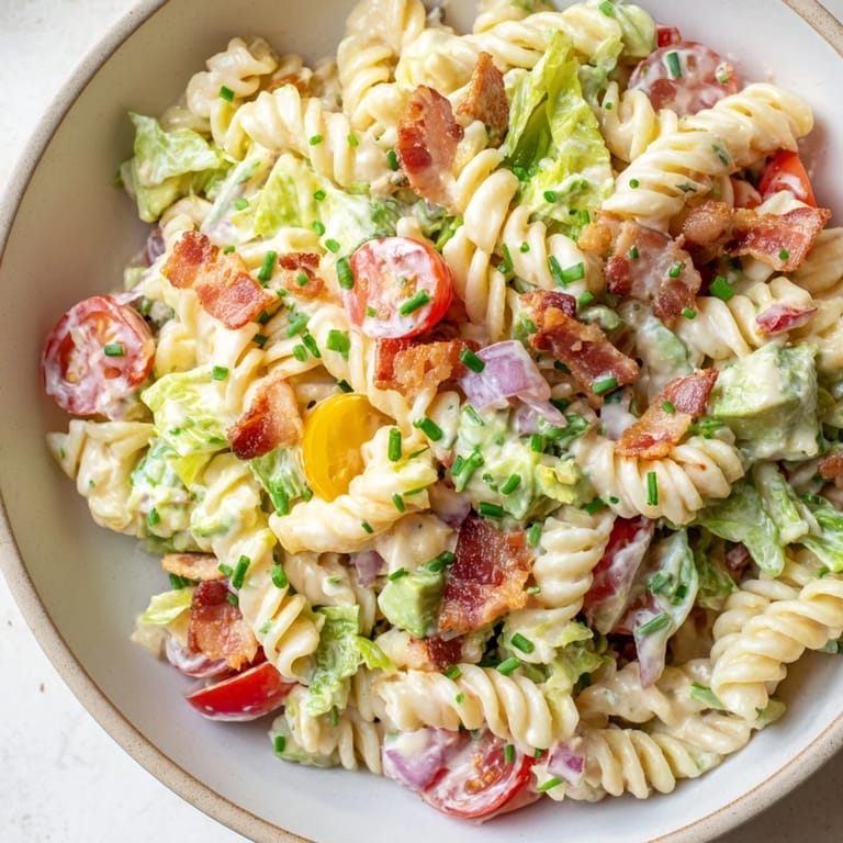 Creamy BLT Pasta Salad features al dente pasta with bacon and juicy tomatoes, tossed in a flavorful sauce.