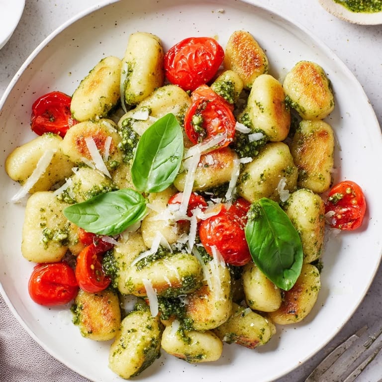 Crispy Gnocchi with Pesto showcasing beautifully seared potato pasta coated in vibrant basil pesto and Parmesan.