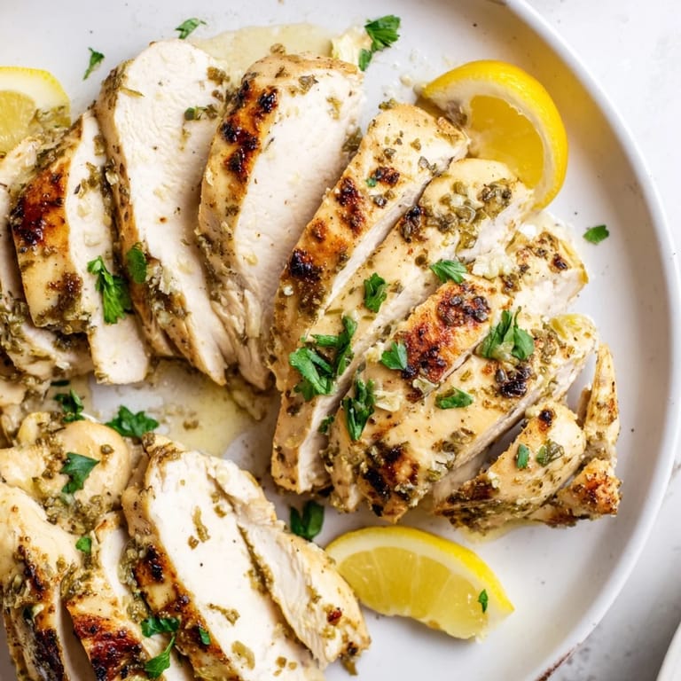 Juicy Greek Yogurt Chicken breasts, infused with garlic and herbs, presented on a white platter for serving.