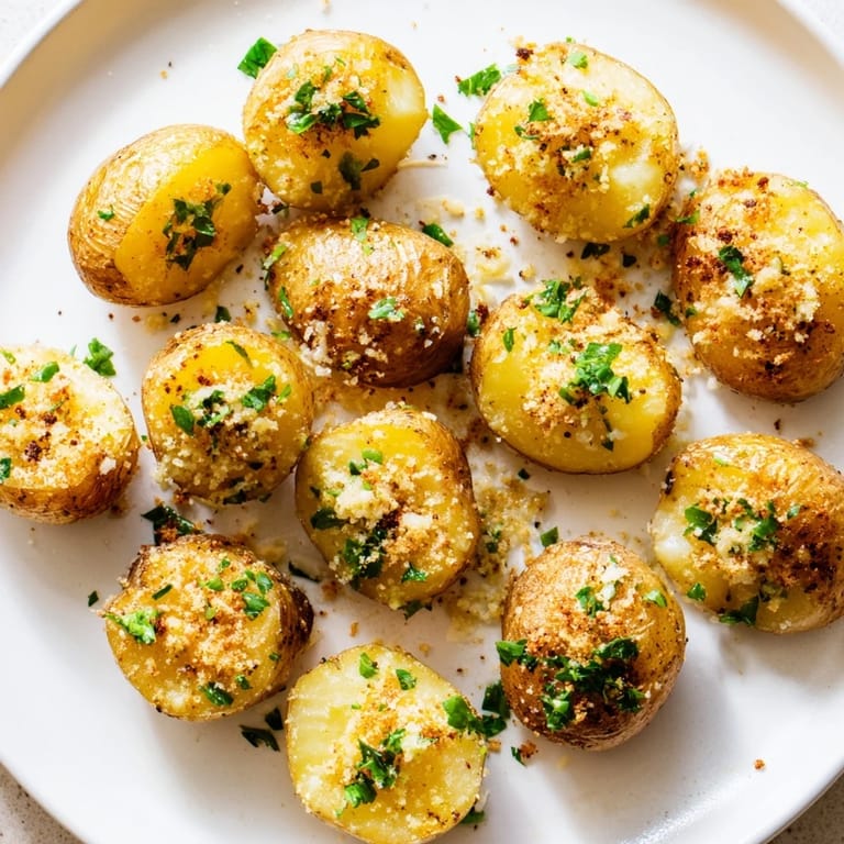 Delicious, oven-baked Garlic Parmesan Potatoes, garnished with fresh parsley for a tasty visual appeal.