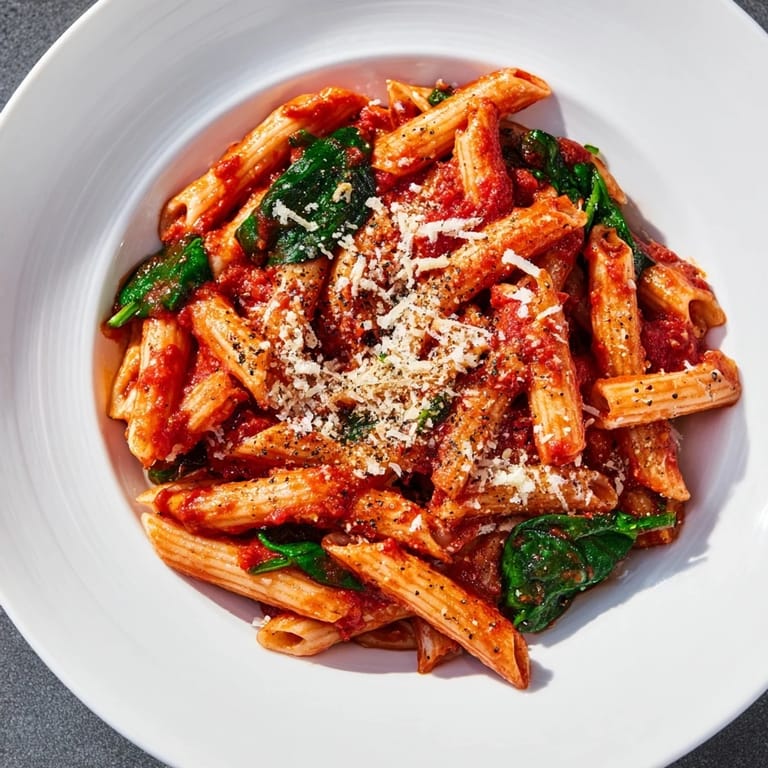 Delicious Quick Marinara Pasta with Spinach, a vegetarian Italian-American comfort food dinner idea.
