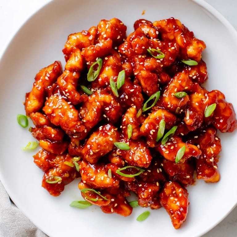 Golden brown Sweet and Spicy Sriracha Honey Chicken, coated in a sticky glaze with green onion garnish.