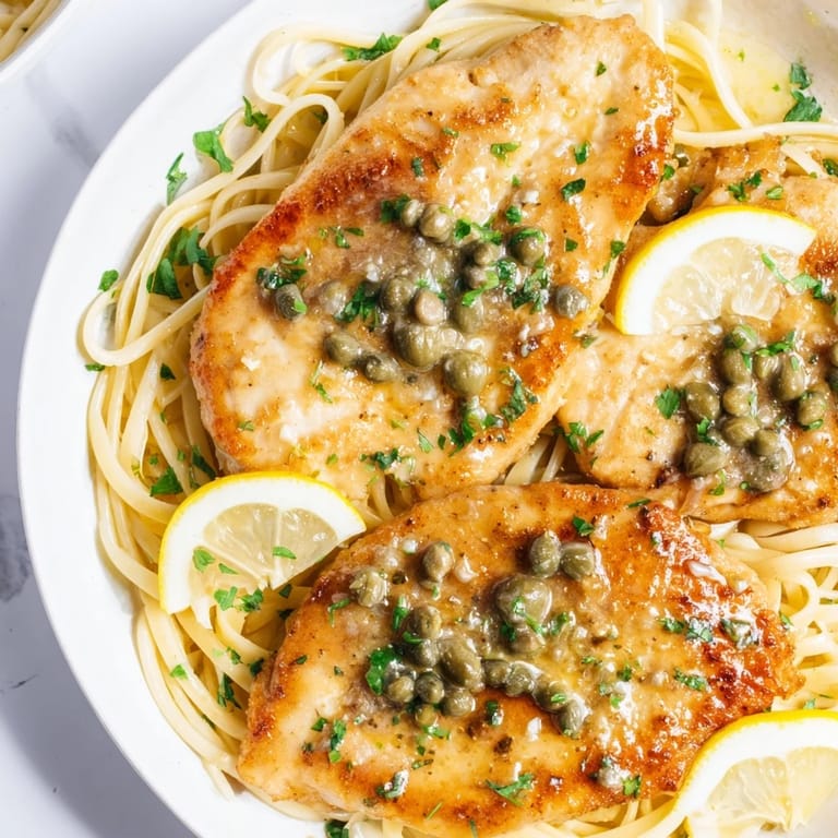 A steaming plate of Quick Chicken Piccata Pasta, with perfect pasta and tender chicken cutlets.