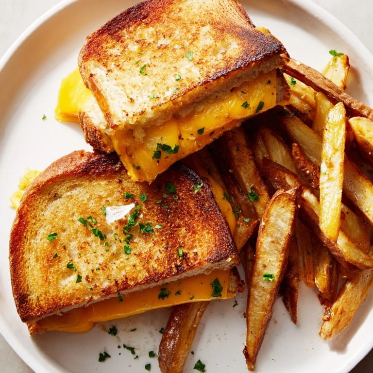 Melted cheddar oozes from this Beef Tallow French Fries Grilled Cheese, a delicious pairing of savory fries and sandwich.