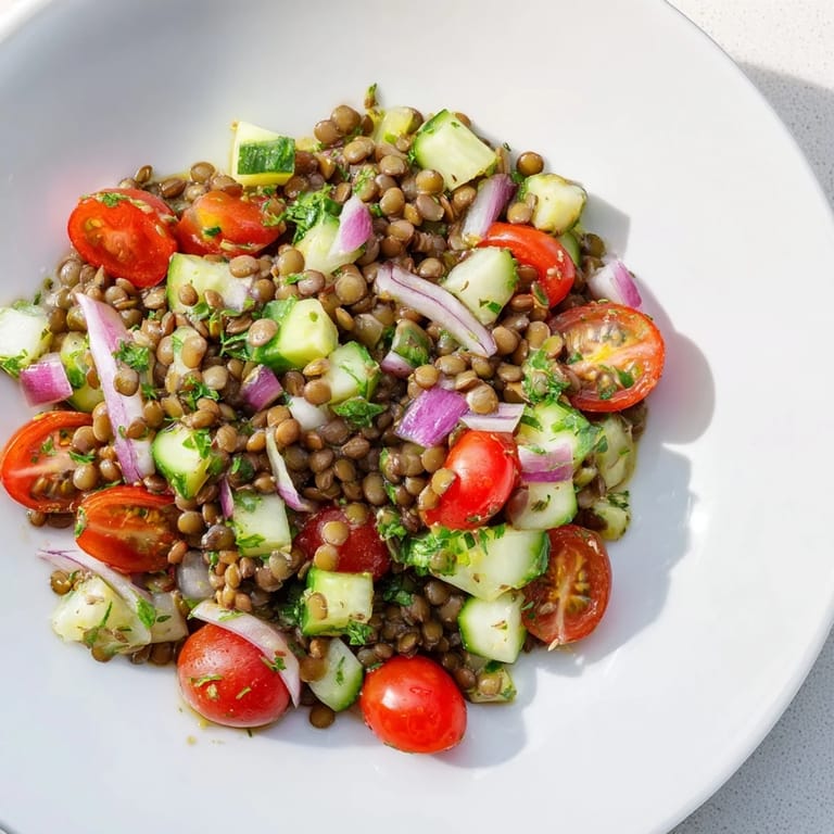 Close-up of a refreshing Lentil Salad, with visible lentils, tomatoes, and cucumber, ready to serve and enjoy.