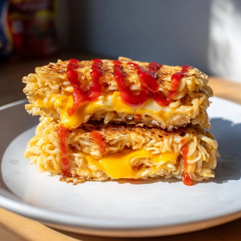 Golden, cheesy Instant Ramen Grilled Cheese sandwiches, ready to eat with a spicy kick of hot sauce.