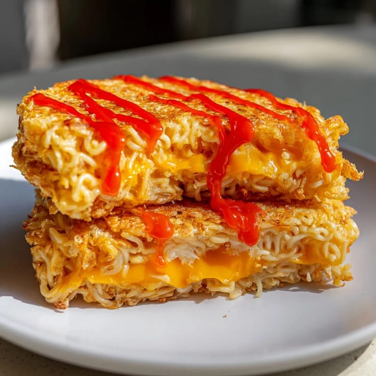 A close-up of a delightful Instant Ramen Grilled Cheese showing off melted cheese and ramen "buns."