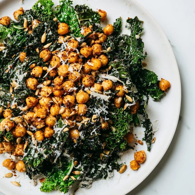 Freshly tossed warm kale salad featuring flavorful, roasted chickpeas, ready to enjoy immediately.