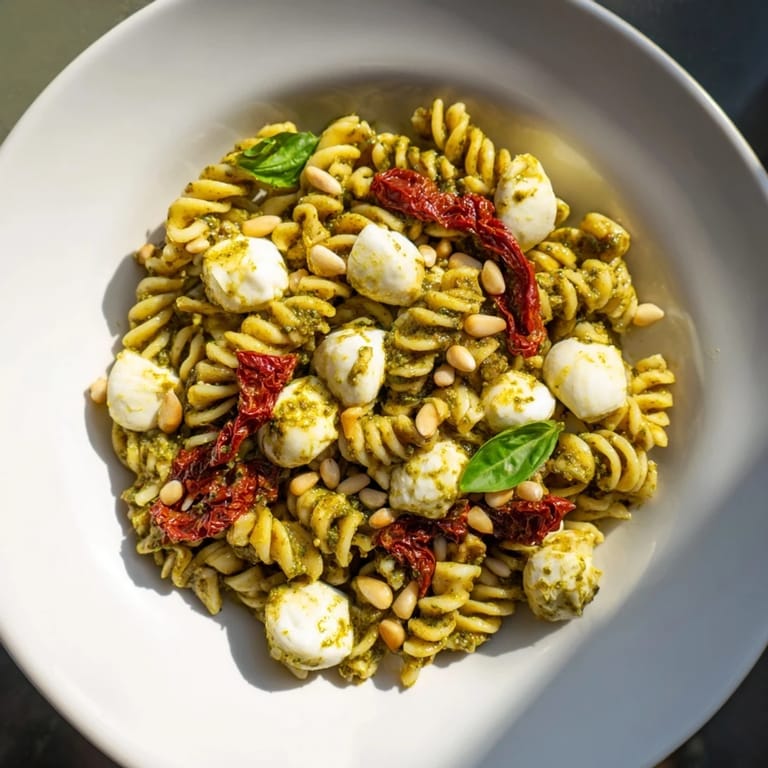 This refreshing Pesto Pasta Salad has glistening pasta and fresh basil pesto ready to eat.