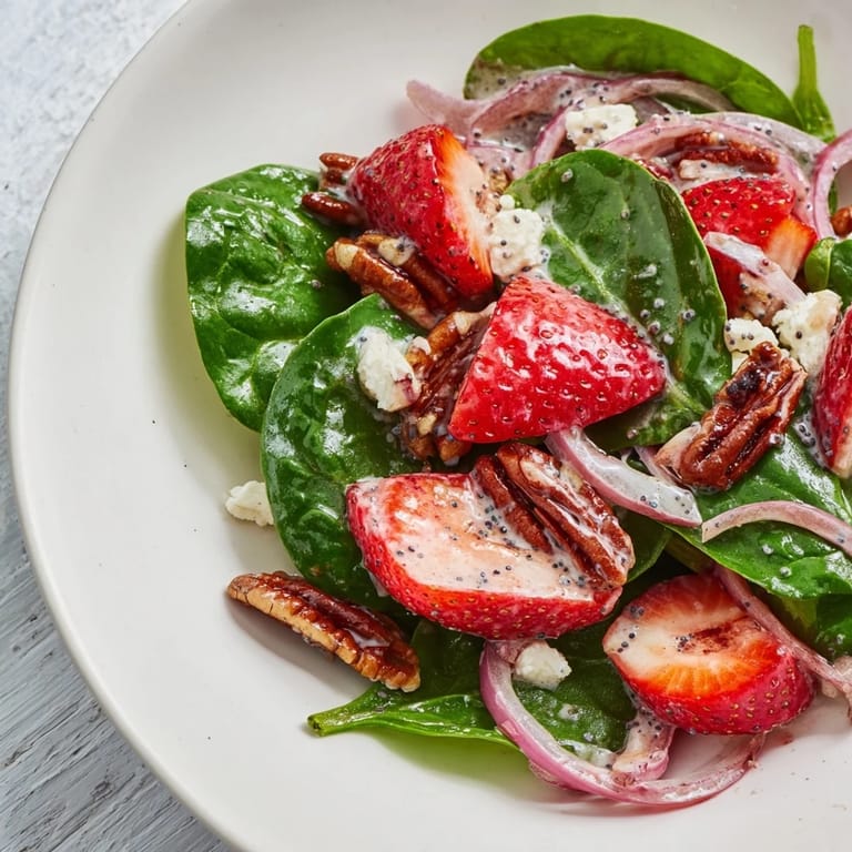 This colorful Strawberry Spinach Salad features large, juicy strawberries and a sweet-tart poppy seed dressing.
