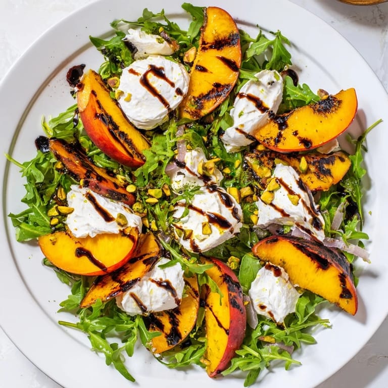 A summer delight: Grilled Peach Salad with juicy peaches and creamy burrata cheese.