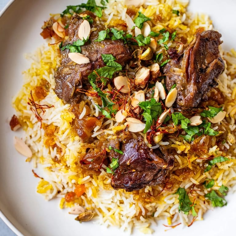 Garnished with fresh cilantro and almonds, the delicious Qatari Majboos is a flavorful Middle Eastern meal.