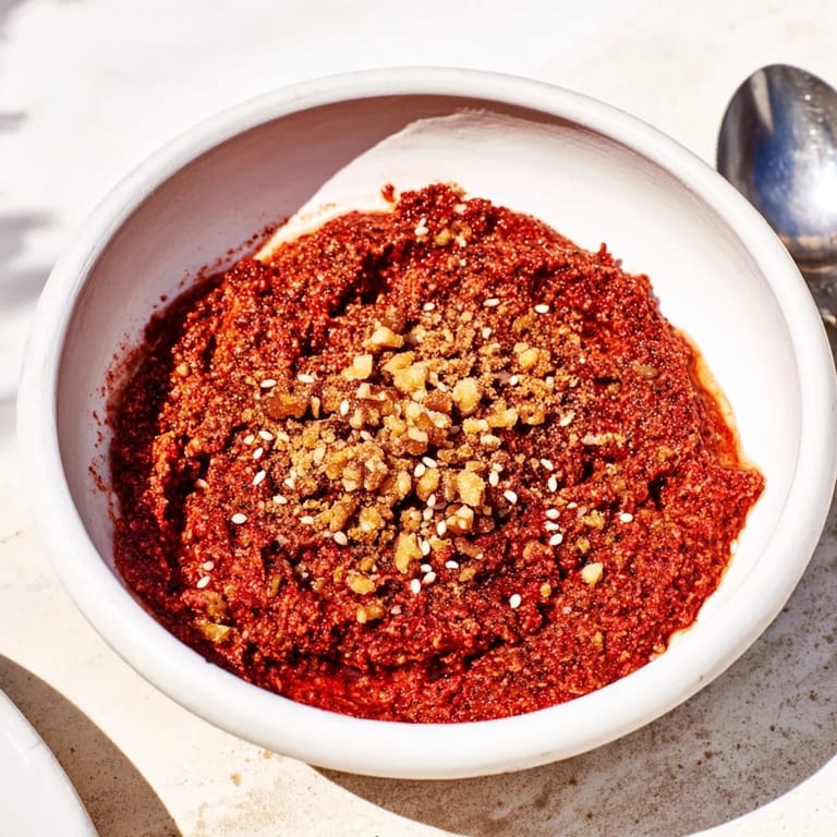 A taste of Syria: Flavorful Muhammara dip, showcasing the vibrant colors and textures of this appetizer.