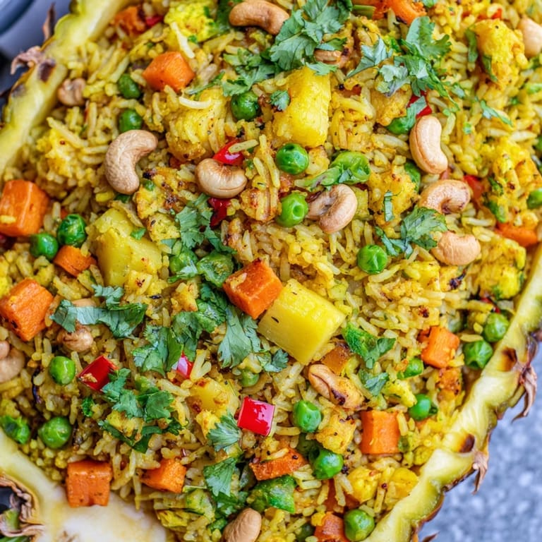This Thai-inspired Pineapple Fried Rice features tender stir-fried ingredients in a beautiful edible pineapple boat for serving.