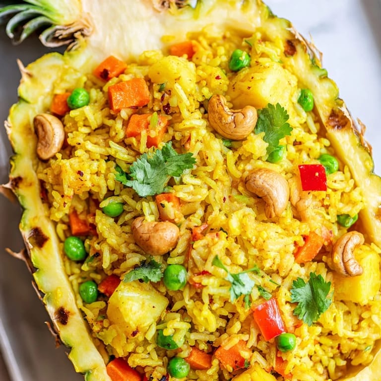 Sweet pineapple and colorful vegetables mix with jasmine rice, topped with crunchy cashews for a vibrant dish.