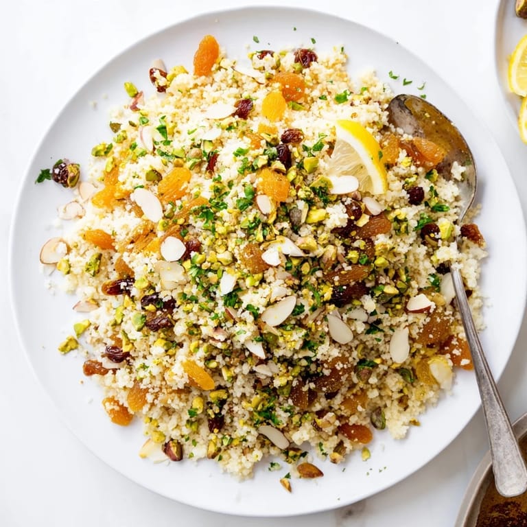 Fluffy Couscous Pilaf Spiced with warm cinnamon and cumin, garnished with parsley and lemon wedges.