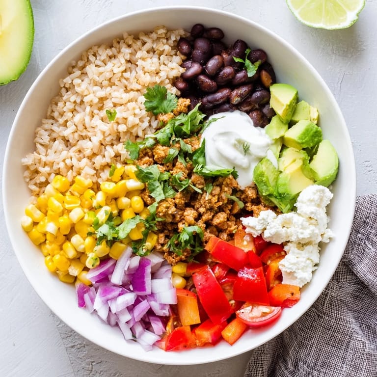 Close-up of a Brown Rice Burrito Bowl layered with seasoned rice, beans, corn, cherry tomatoes, onions, and avocado slices, garnished with cilantro and sour cream.