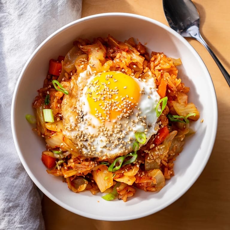 Spicy Kimchi Fried Rice sizzling in a hot skillet, garnished with fresh scallions and sesame seeds, perfect for a comforting Korean-inspired dinner.