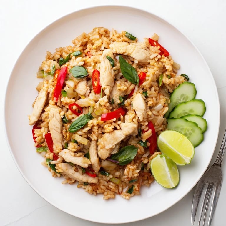 Quick Thai Basil Chicken Fried Rice with sizzling chicken, garlic, and bell pepper over fluffy rice, garnished with lime wedges.