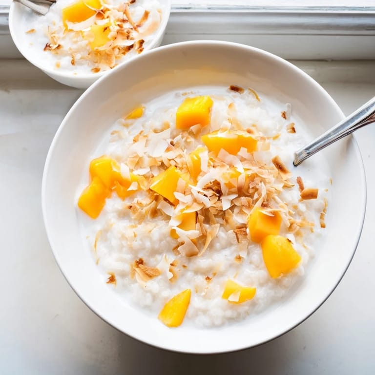 A fragrant bowl of coconut rice sweet, fluffy grains glisten in coconut milk, garnished with toasted flakes and tropical fruit.