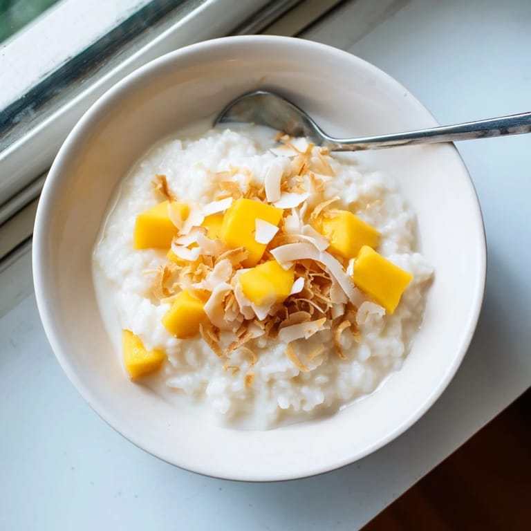 Coconut rice sweet served warm from the pot, creamy texture highlighted by jasmine rice and vanilla, finished with fruit.