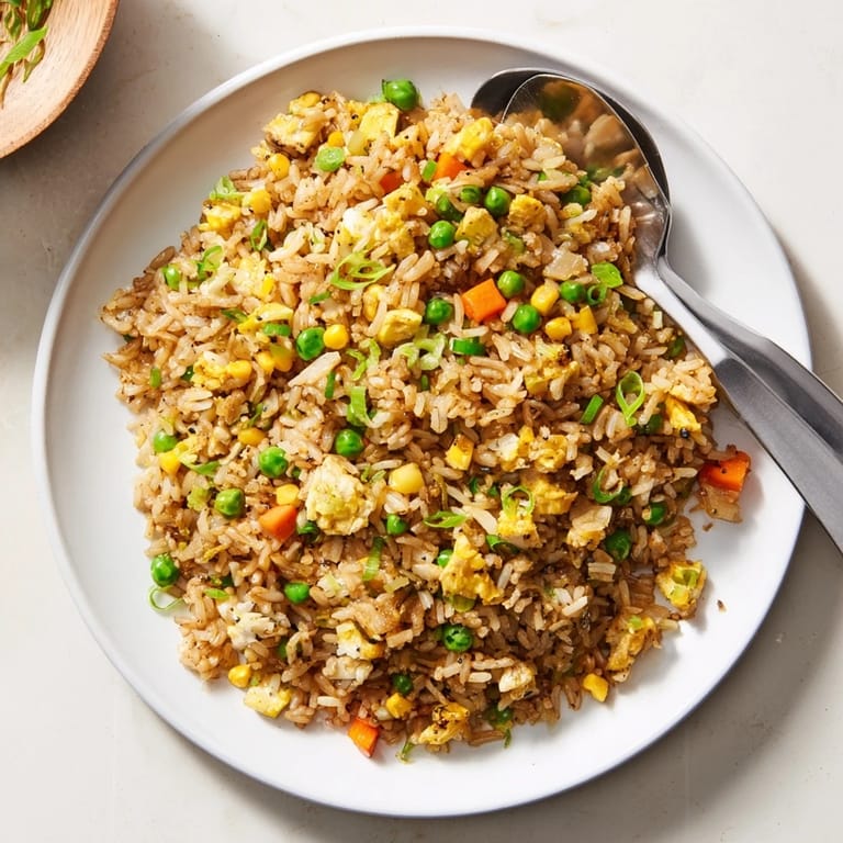 A home cook serves Black Garlic Fried Rice in a ceramic bowl, garnished with fresh scallions and a side of kimchi.