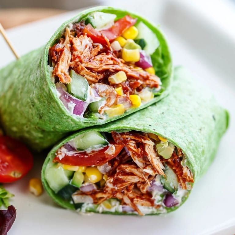 BBQ Chicken Salad Wrap served on a wooden plate with a side of lime wedges and extra BBQ sauce, perfect for a quick, protein-packed lunch.  