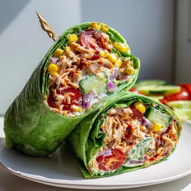 Overhead view of a BBQ Chicken Salad Wrap surrounded by fresh ingredients like red onion and corn, highlighting its homemade, wholesome appeal.