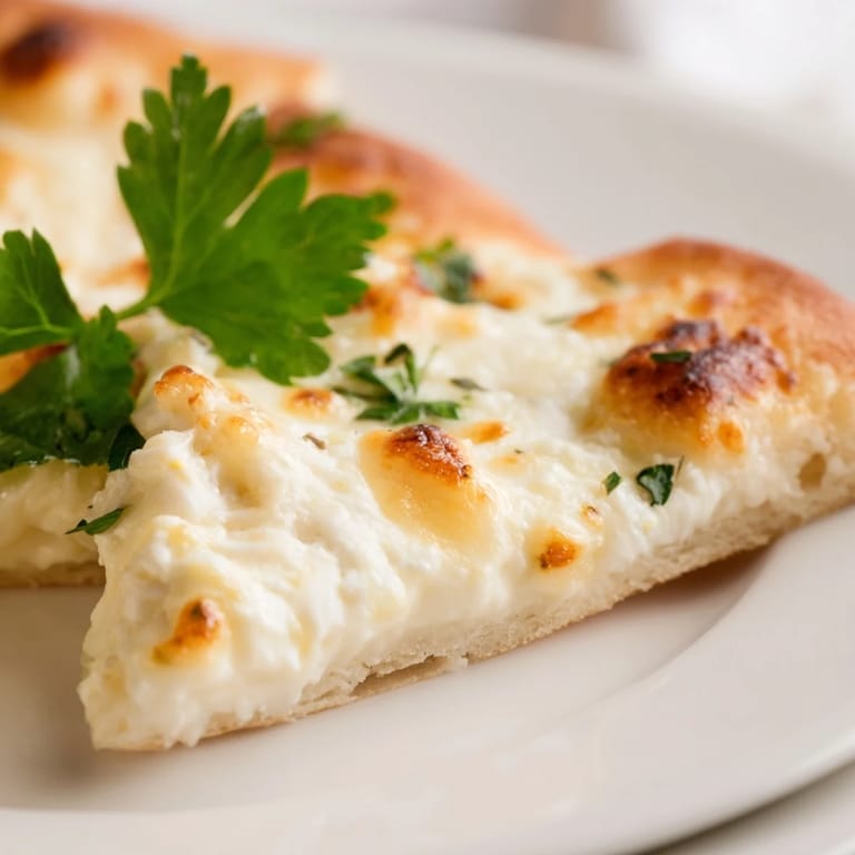 A slice of creamy garlic white pizza being lifted, revealing the velvety garlic cream sauce and cheesy topping.