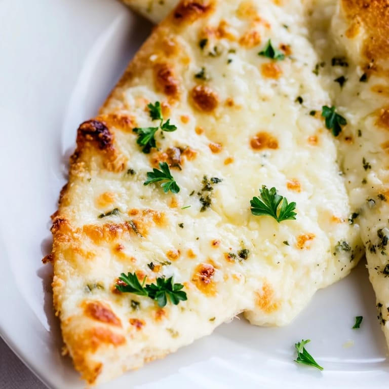 The finished Creamy Garlic White Pizza, topped with fresh parsley, served hot on a wooden cutting board for family-style sharing.  