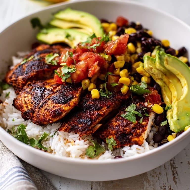 Vibrant spicy chicken burrito bowl features charred chicken, creamy avocado, and zesty lime wedges for a flavorful, satisfying meal.