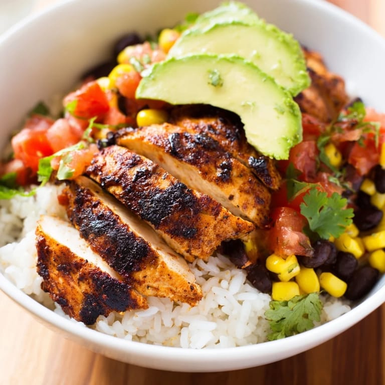 Hearty spicy chicken burrito bowl combines seasoned rice, tender chicken, black beans, and salsa, garnished with fresh cilantro for brightness.