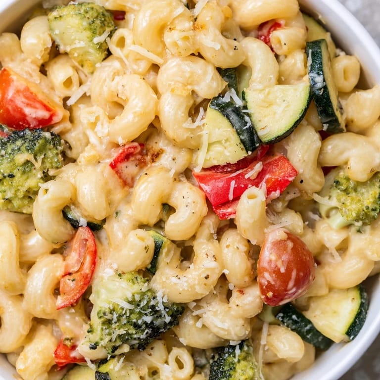 Fork-ready Roasted Veggie Mac & Cheese with bright peppers and broccoli in a rich sauce.