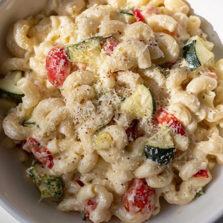 Comforting bowl of homemade Roasted Veggie Mac & Cheese, featuring sweet caramelized veggies and melted cheese.