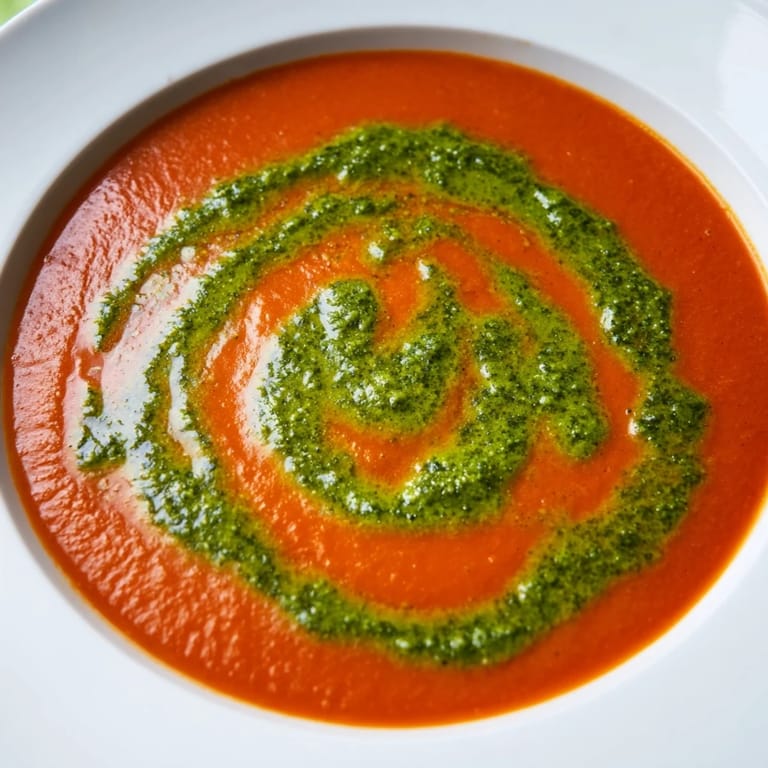 Creamy tomato soup with basil pesto swirl served in a white bowl on a wooden table.