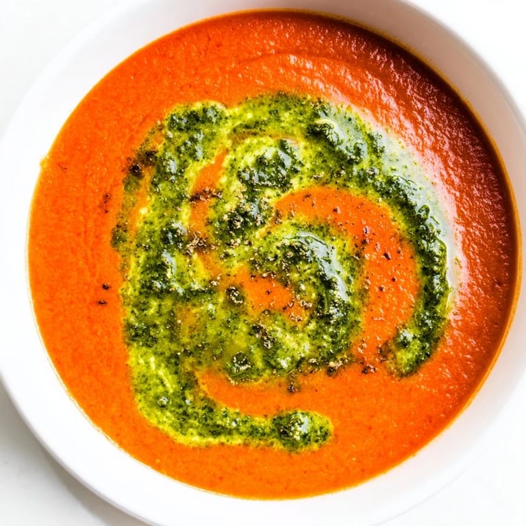 Rich tomato soup with basil pesto swirl garnished with fresh basil leaves and chili flakes.