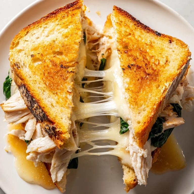 A warm Grilled Chicken Spinach Panini cut in half, revealing juicy grilled chicken and creamy cheese, paired with a small bowl of tomato soup for dipping.