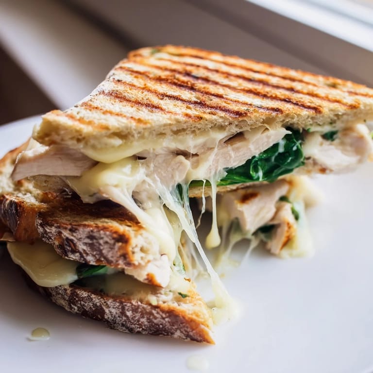 Close-up of a Grilled Chicken Spinach Panini showing gooey melted mozzarella, tender grilled chicken slices, and vibrant green spinach pressed between golden bread.  