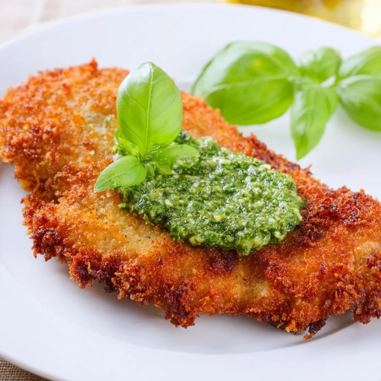 Juicy, pan-fried Crispy Pesto Chicken Cutlets served with lemon wedges and fresh basil garnish.
