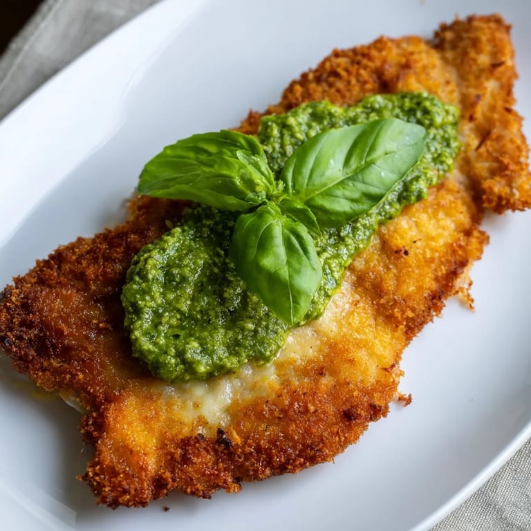 Golden-brown Crispy Pesto Chicken Cutlets with Parmesan crumbs, drizzled with pesto for a weeknight dinner.