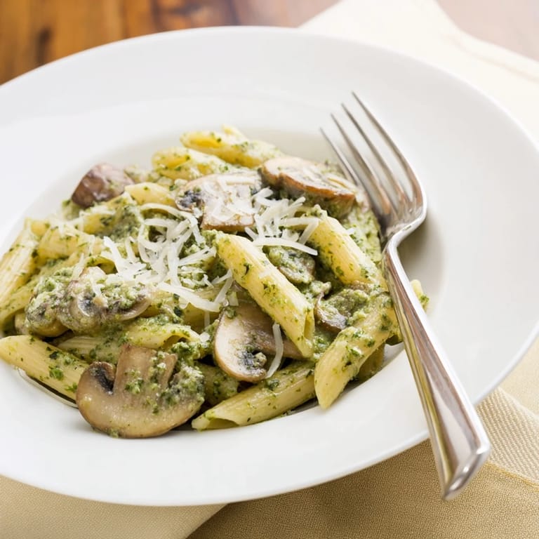 A skillet of mushroom pesto pasta garnished with basil leaves, ready to serve with a glass of white wine.
